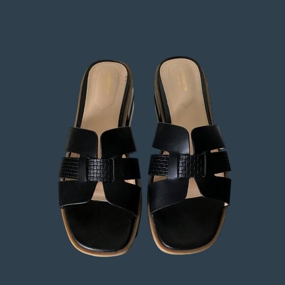 Liz Claiborne Womens Black Leather Slide Sandals Size 9 With Textured Straps & W - Picture 1 of 7